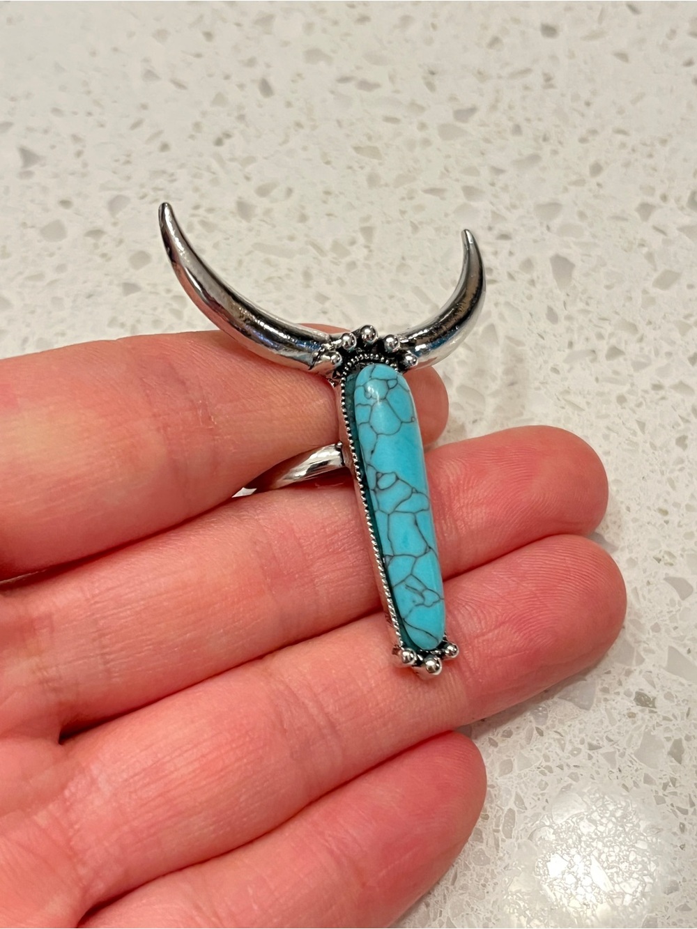 Western Cowboy Style Bull Head Faux Turquoise Adjustable Ring - Picture 7 of 10